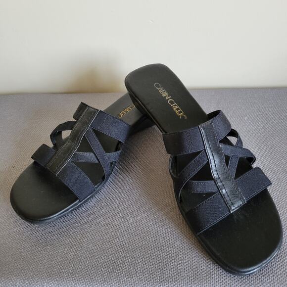 Cabin Creek 7M Open Toe Slip On Strappy Low Wedge Heel Slide Sandal Black - Picture 1 of 11